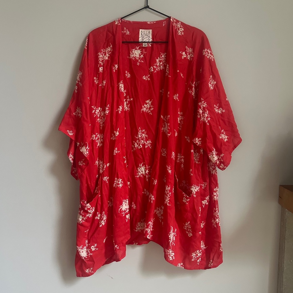 Billabong Orange Floral Open Front Kimono Swim Coverup